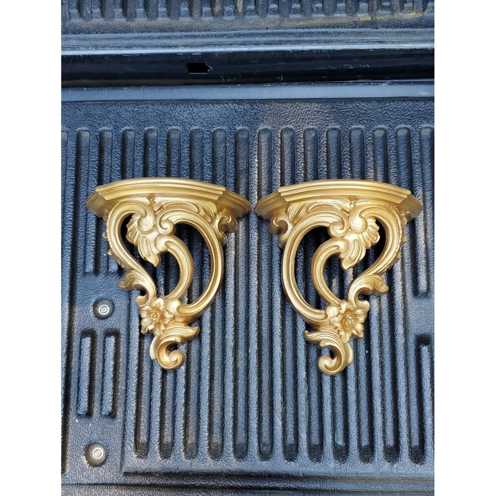 1970's Syroco Gold Scroll Ornate Hollywood Regency Wall Shelf Pair